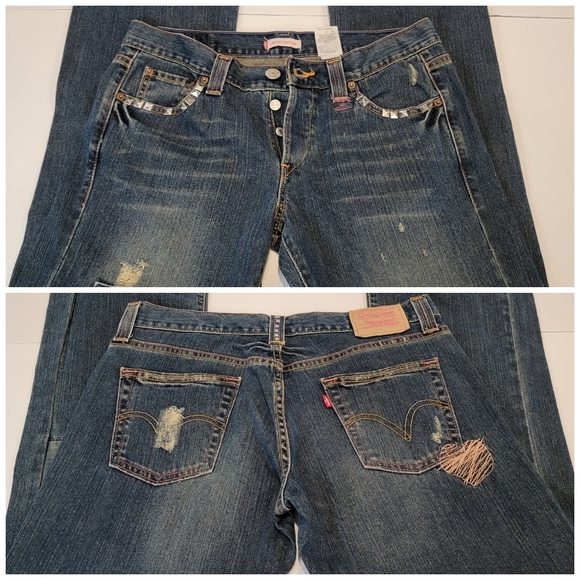 Levi's Limited Edition Distressed Patched Embroidered Boot Cut Jean  Size 9 (34) - Picture 5 of 17